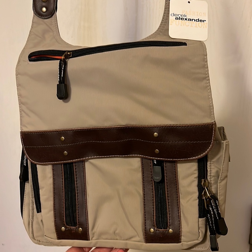 NWT Derek Alexander tan purse. Nylon Crossbody Unisex Organizer Handbag.